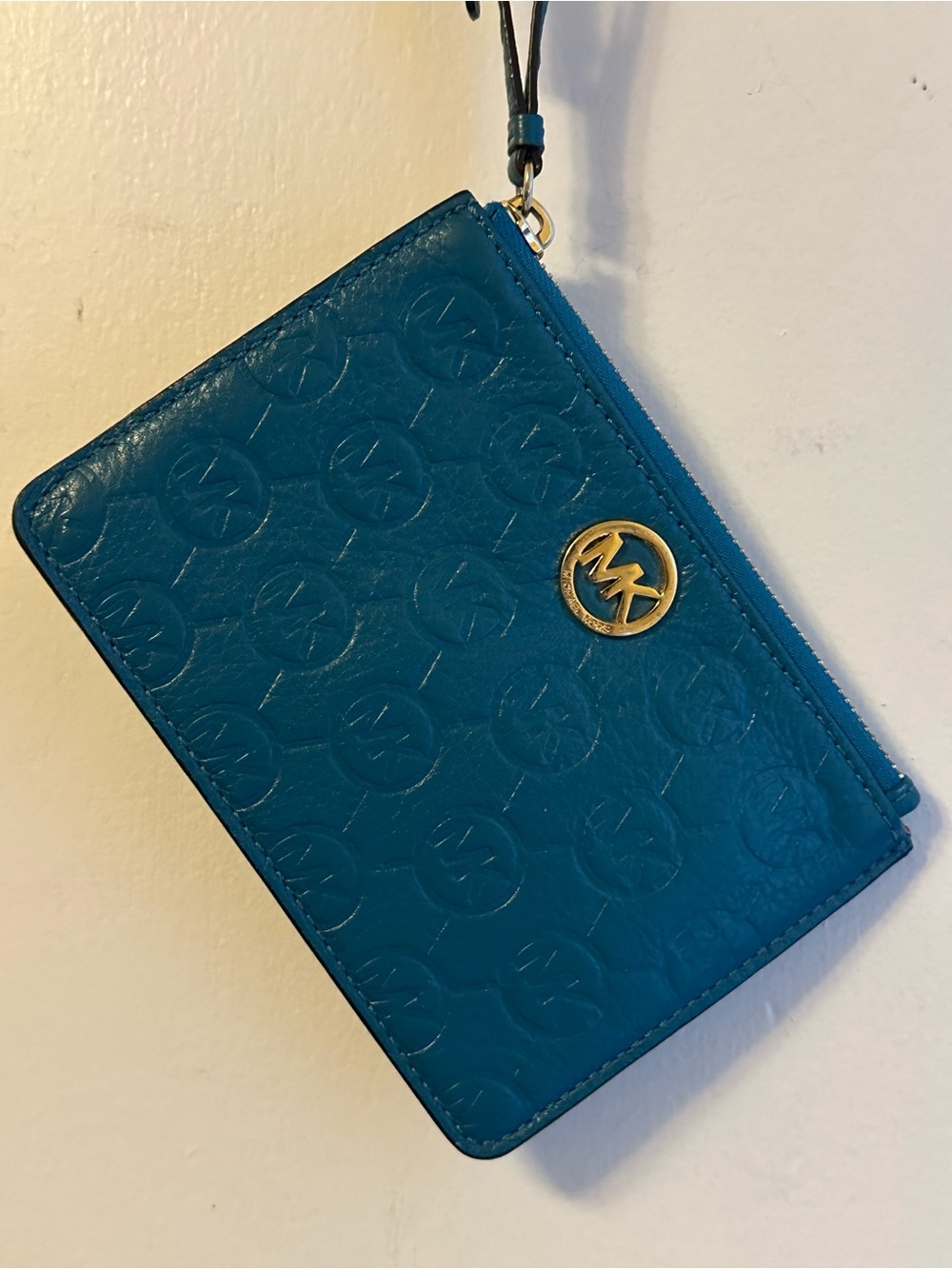 Michael Kors Teal Embossed Wristlet with Gold Logo